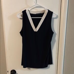 Tommy Hilfiger Navy and White V-Neck Sleeveless Blouse